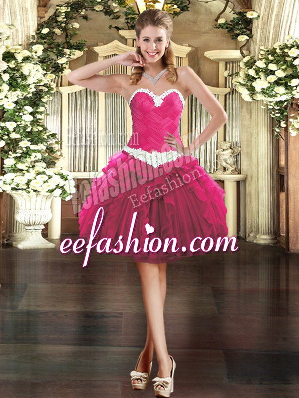  Fuchsia Ball Gowns Appliques and Ruffles Prom Evening Gown Lace Up Organza Sleeveless Mini Length