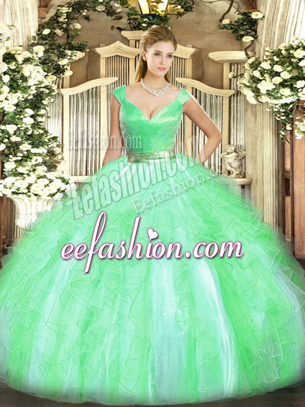  Apple Green Sleeveless Beading and Ruffles Floor Length Quince Ball Gowns