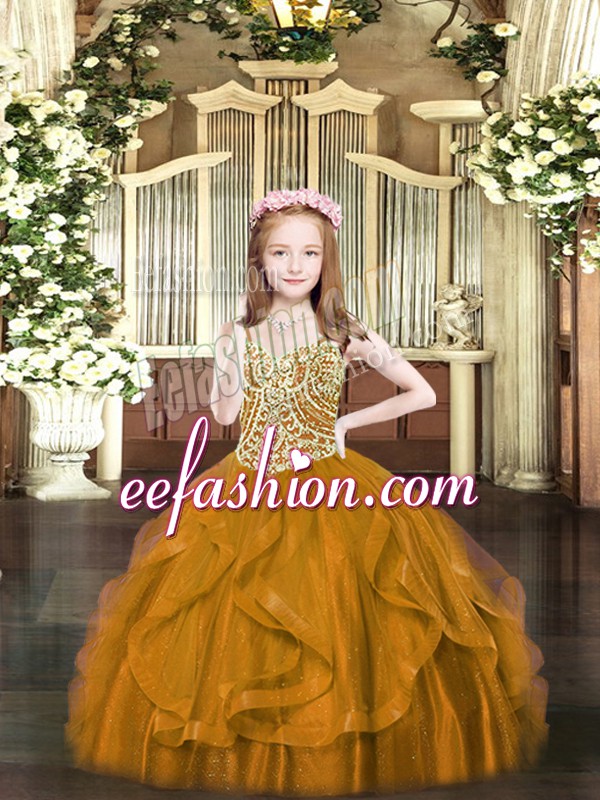  Brown Ball Gowns Tulle Spaghetti Straps Sleeveless Beading and Ruffles Floor Length Lace Up Little Girls Pageant Dress