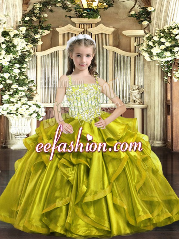  Organza Straps Sleeveless Lace Up Beading and Ruffles Little Girl Pageant Gowns in Yellow Green