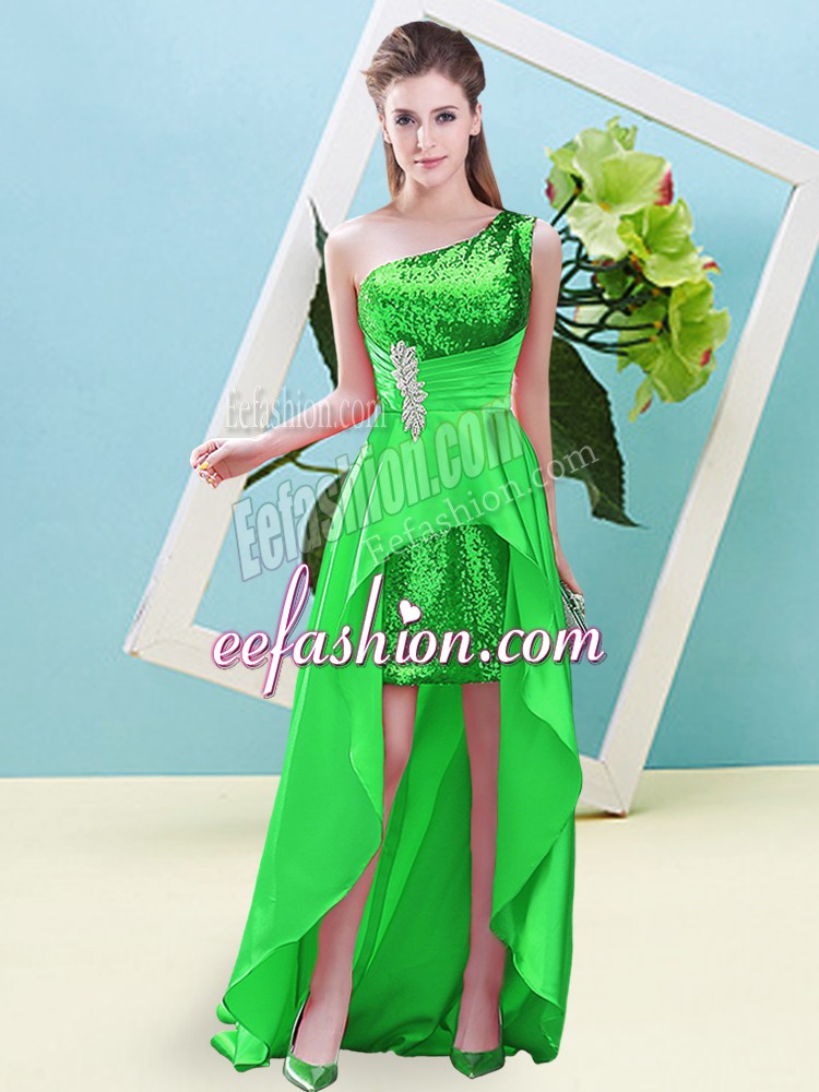 Beautiful Green Elastic Woven Satin and Sequined Lace Up Dress for Prom Sleeveless High Low Beading and Sequins