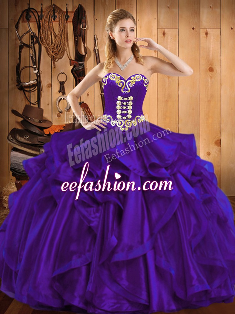  Embroidery and Ruffles Quinceanera Dress Purple Lace Up Sleeveless Floor Length
