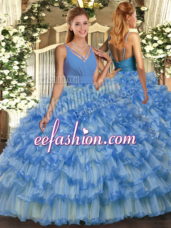 Luxurious Floor Length Backless Sweet 16 Quinceanera Dress Blue for Military Ball and Sweet 16 and Quinceanera with Ruffled Layers