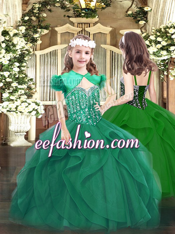  Dark Green Lace Up Straps Beading and Ruffles Kids Pageant Dress Tulle Sleeveless