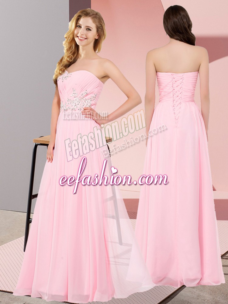  Baby Pink Sleeveless Floor Length Appliques Lace Up Homecoming Dress