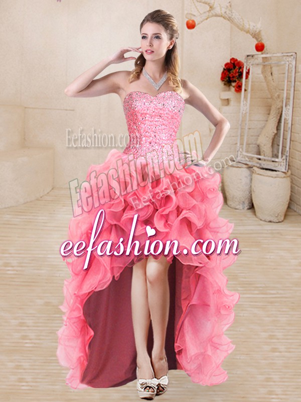Suitable Organza Sweetheart Sleeveless Lace Up Beading and Ruffles Prom Party Dress in Watermelon Red
