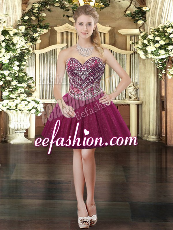  Sleeveless Tulle Mini Length Lace Up in Burgundy with Beading