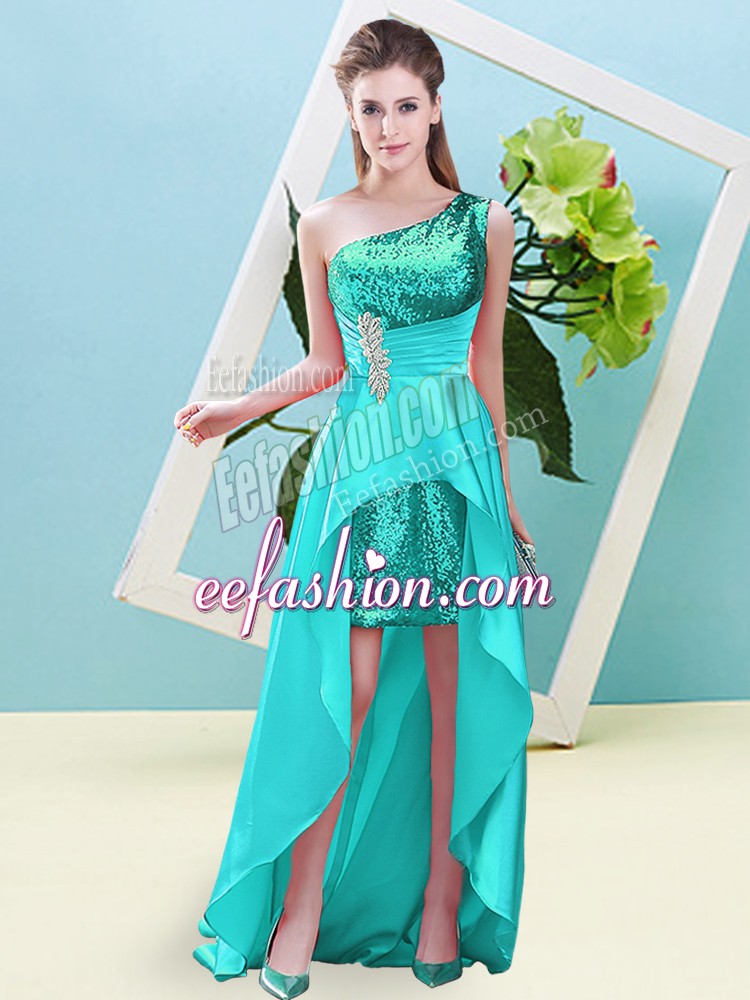  Aqua Blue Prom Party Dress Prom and Party with Beading and Sequins One Shoulder Sleeveless Lace Up
