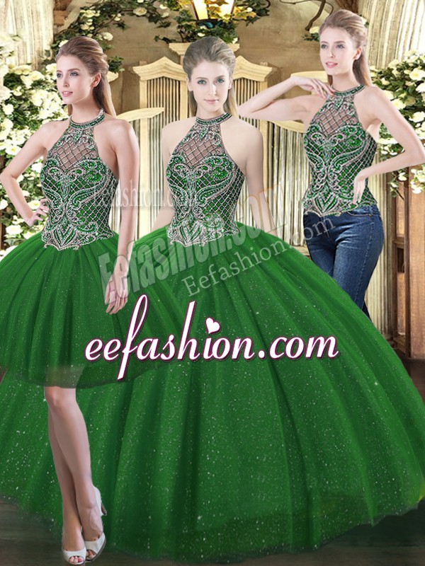 Custom Fit Floor Length Dark Green Quinceanera Dresses Tulle Sleeveless Beading