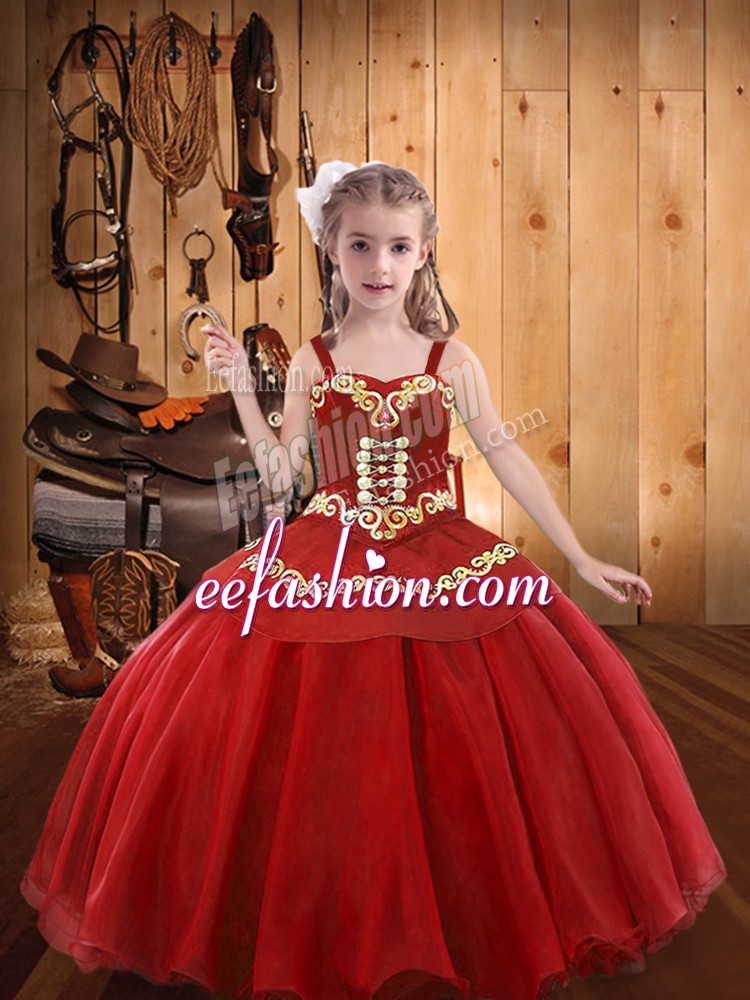 Unique Red Straps Lace Up Embroidery and Ruffles Little Girl Pageant Dress Sleeveless