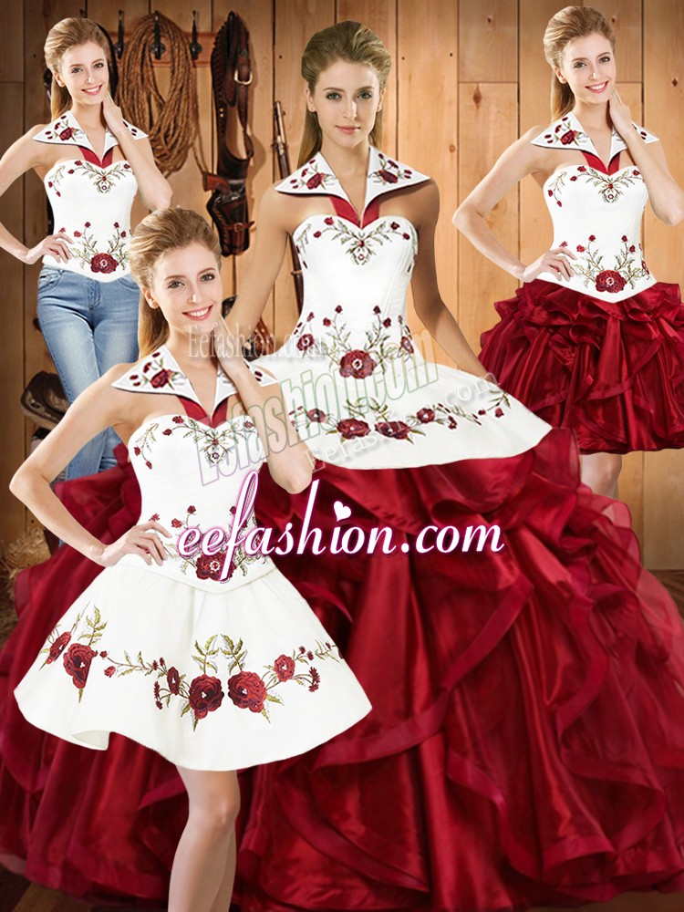  Wine Red Ball Gowns Embroidery and Ruffles 15th Birthday Dress Lace Up Organza Sleeveless Floor Length
