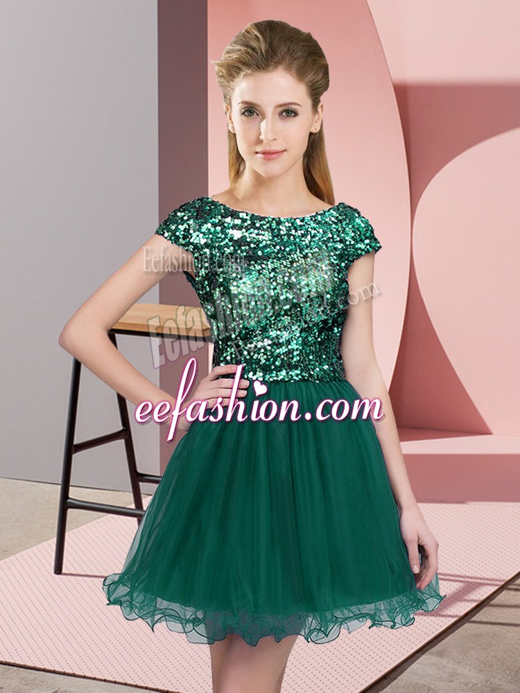 Dramatic Turquoise Tulle Zipper Quinceanera Court of Honor Dress Cap Sleeves Mini Length Sequins