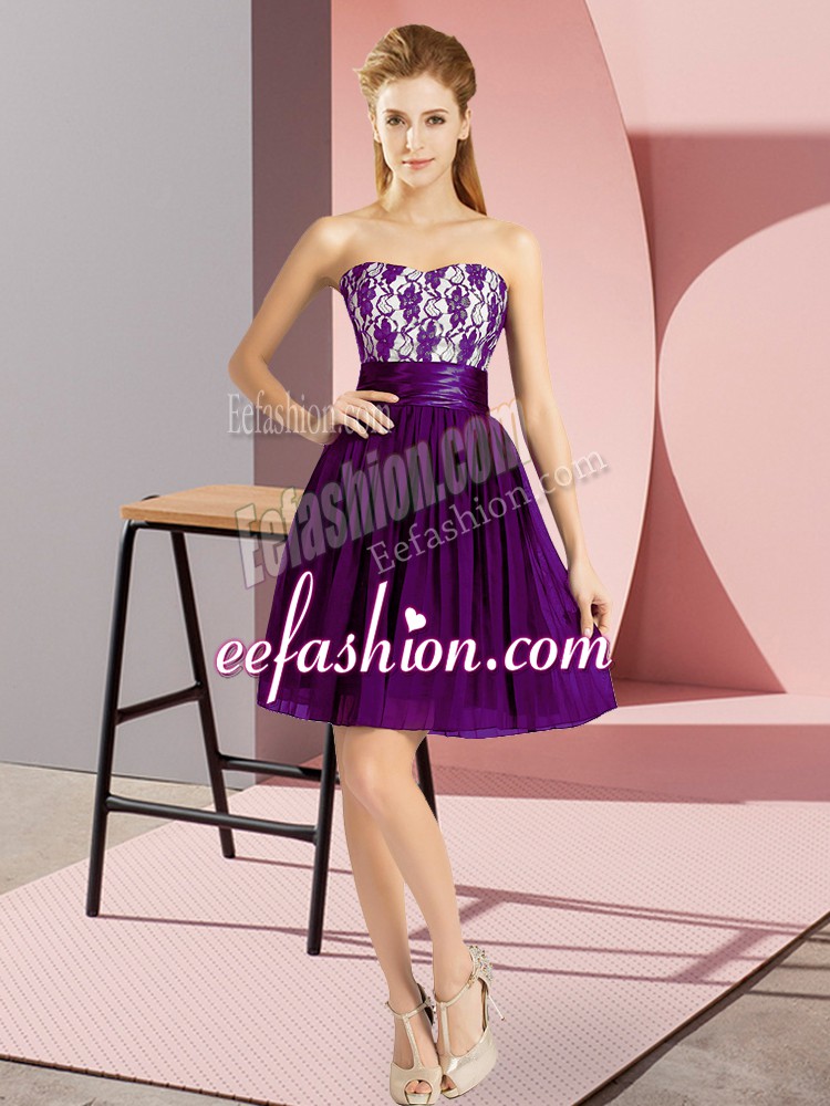 Comfortable Purple Empire Chiffon Sweetheart Sleeveless Lace Mini Length Zipper Dress for Prom