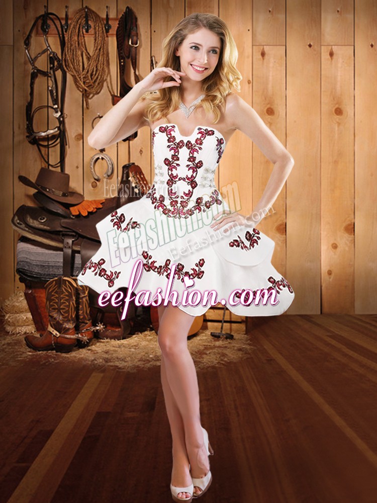 Edgy Mini Length White Dress for Prom Satin Sleeveless Embroidery