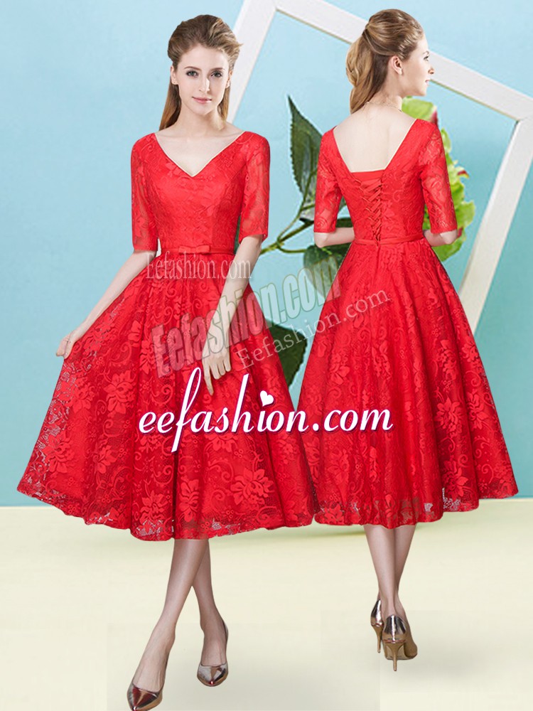 Most Popular Red Empire Lace V-neck Half Sleeves Bowknot Tea Length Lace Up Quinceanera Dama Dress