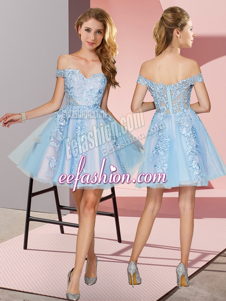 Spectacular Light Blue Quinceanera Court Dresses Prom and Party and Wedding Party with Appliques Off The Shoulder Sleeveless Zipper