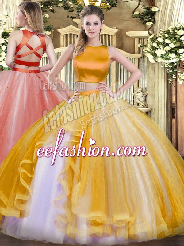 Dazzling Sleeveless Tulle Floor Length Criss Cross Sweet 16 Dress in Gold with Ruffles
