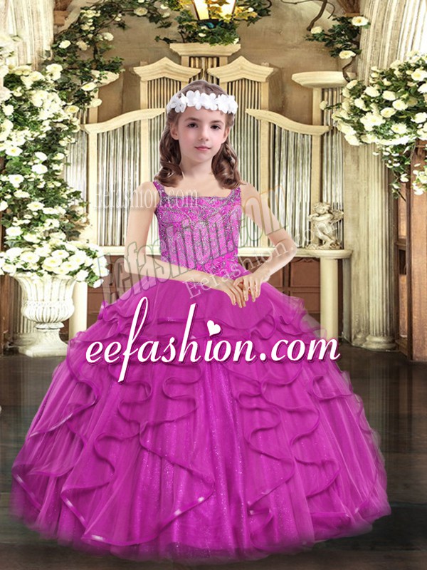 Customized Sleeveless Floor Length Beading and Ruffles Lace Up Little Girls Pageant Dress Wholesale with Fuchsia