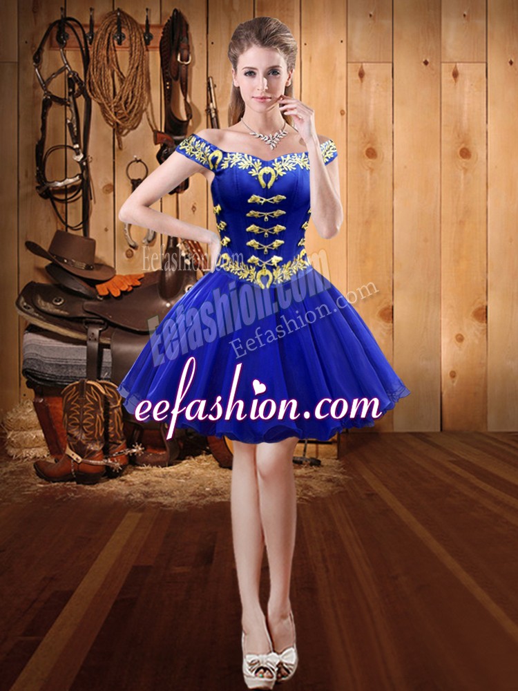 Superior Royal Blue Sleeveless Mini Length Embroidery Lace Up Prom Dresses