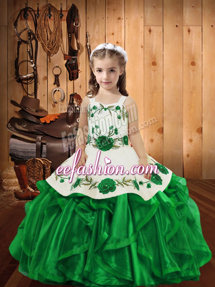  Green Ball Gowns Embroidery and Ruffles Girls Pageant Dresses Lace Up Organza Sleeveless Floor Length