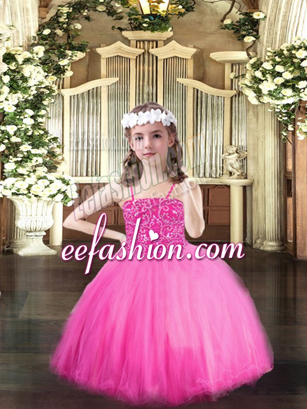  Rose Pink Tulle Lace Up Kids Formal Wear Sleeveless Floor Length Beading