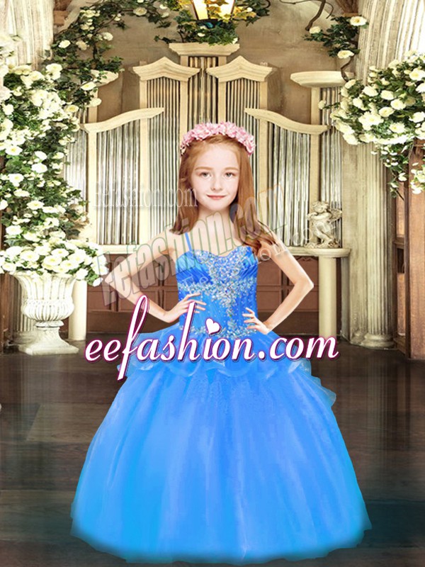 Top Selling Spaghetti Straps Sleeveless Lace Up Kids Formal Wear Baby Blue Organza