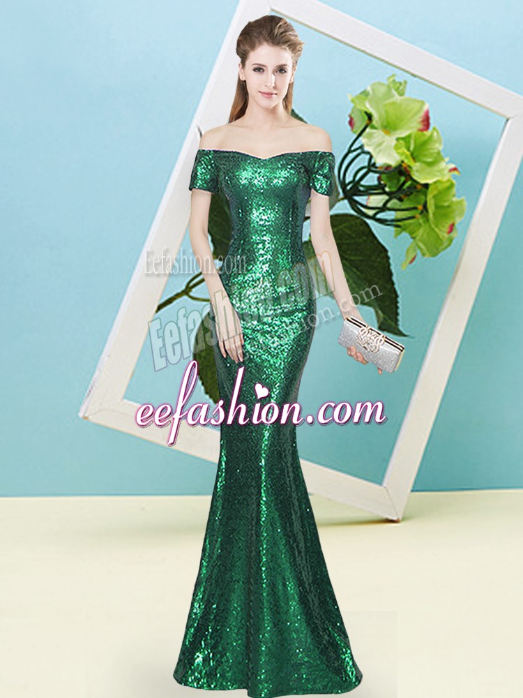  Floor Length Zipper Prom Evening Gown Dark Green for Prom and Party with Sequins
