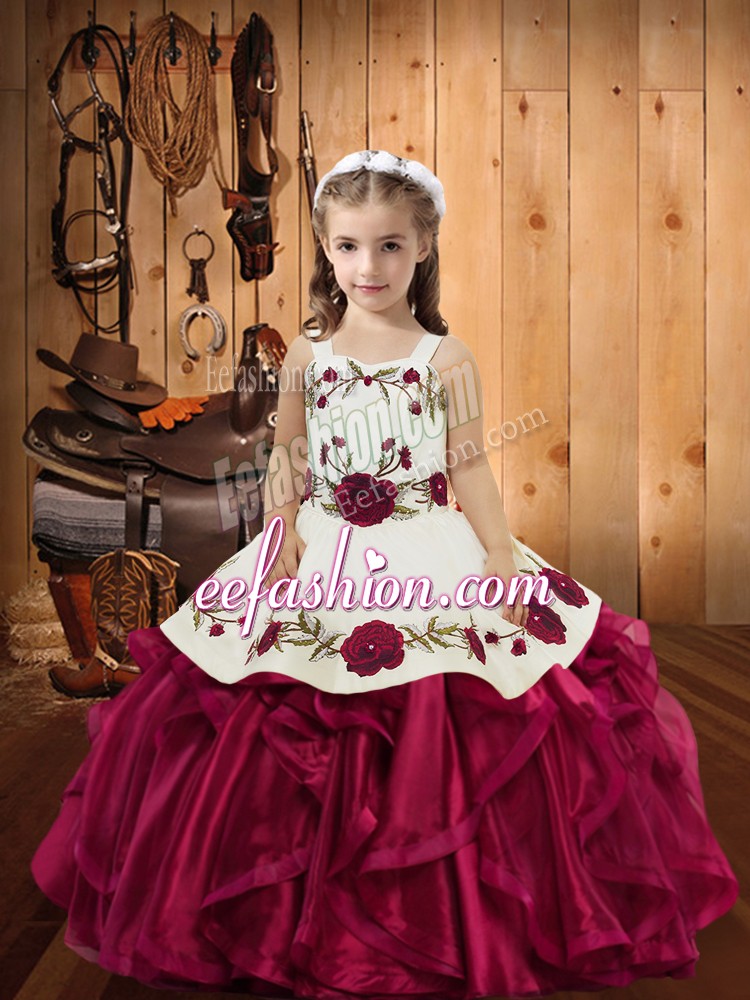  Ball Gowns Kids Formal Wear Red Straps Organza Sleeveless Floor Length Lace Up