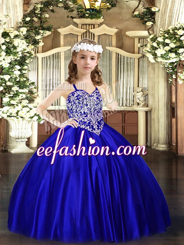  Satin Straps Sleeveless Lace Up Beading Girls Pageant Dresses in Royal Blue