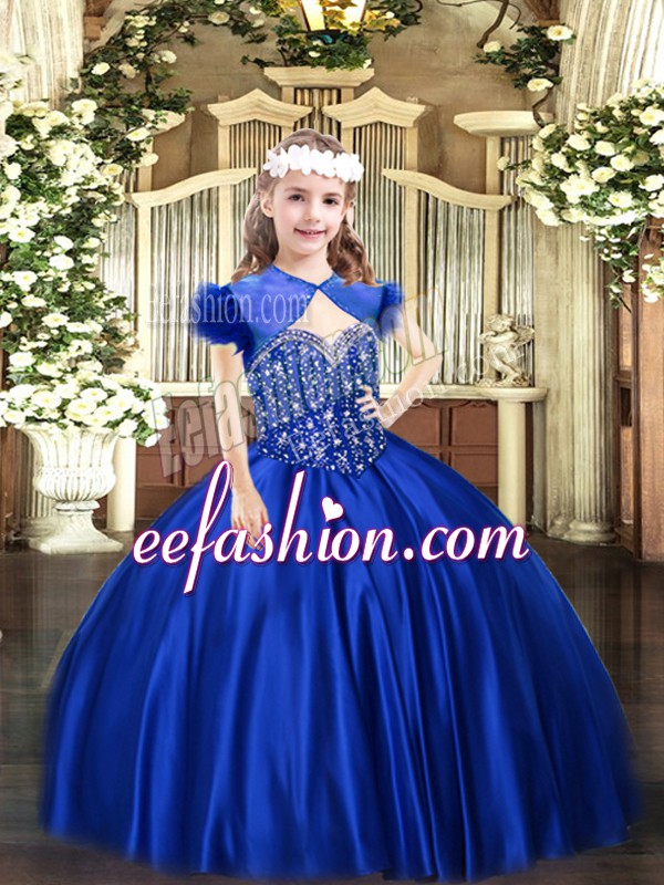 Best Royal Blue Ball Gowns Satin Straps Sleeveless Beading Floor Length Lace Up Little Girls Pageant Dress Wholesale