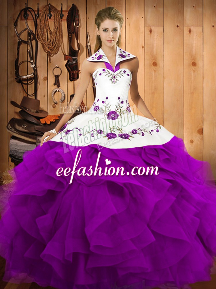 Glamorous Purple Ball Gown Prom Dress Military Ball and Sweet 16 and Quinceanera with Embroidery and Ruffles Halter Top Sleeveless Lace Up