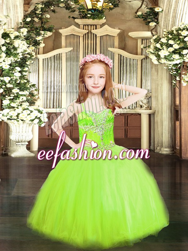  Spaghetti Straps Sleeveless Tulle Pageant Gowns For Girls Beading Lace Up