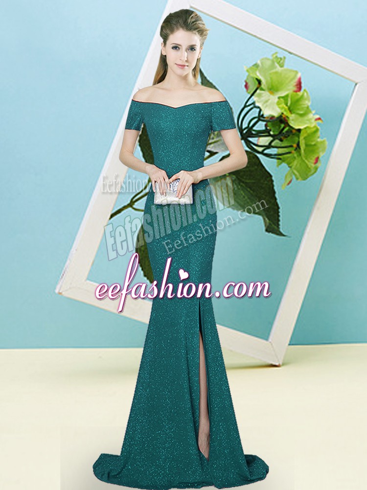  Turquoise Sequined Zipper Off The Shoulder Short Sleeves Prom Dresses Sweep Train Sequins