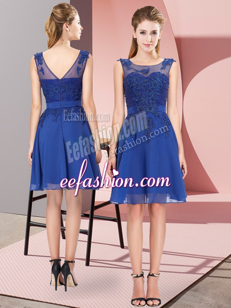 Suitable Scoop Sleeveless Quinceanera Court of Honor Dress Knee Length Appliques Blue Chiffon