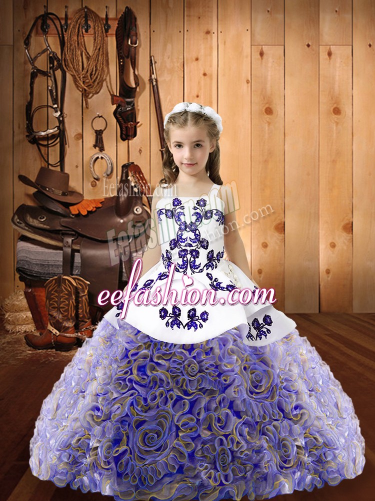  Fabric With Rolling Flowers Straps Sleeveless Lace Up Embroidery and Ruffles Little Girls Pageant Dress Wholesale in Multi-color