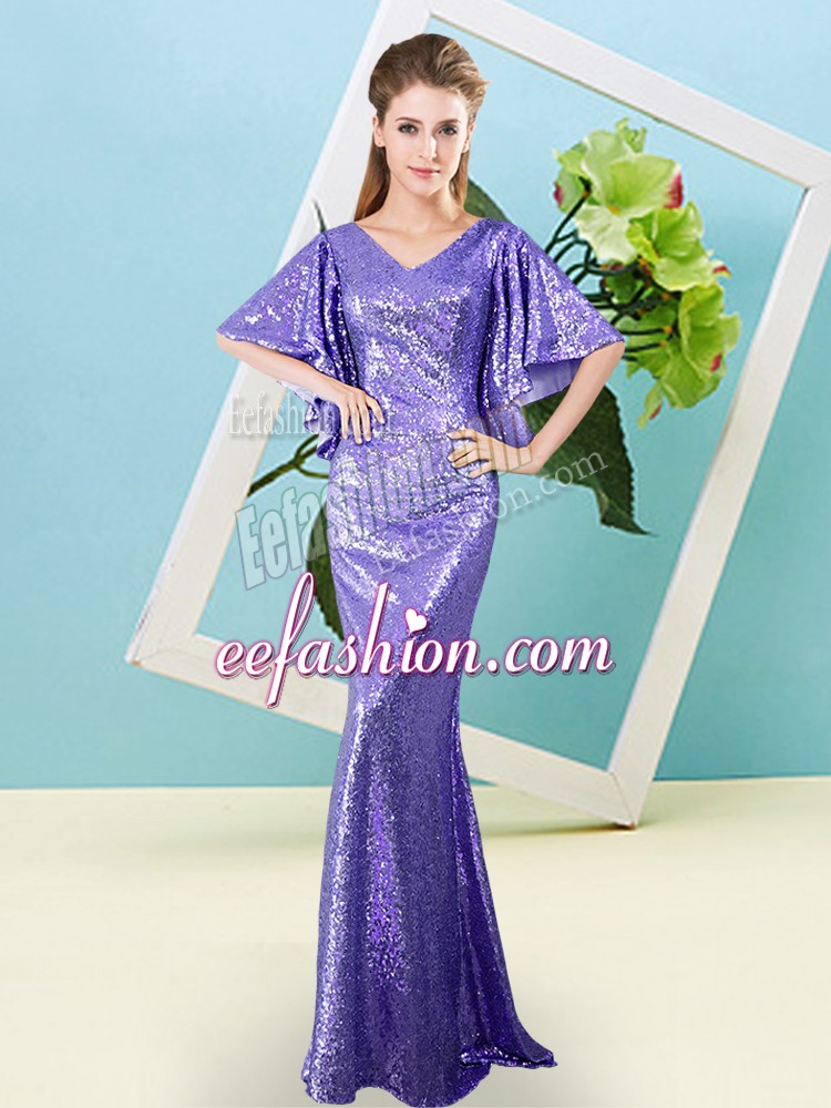 Custom Made Lavender Half Sleeves Floor Length Sequins Zipper Prom Party Dress