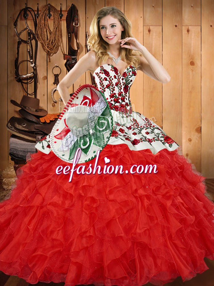  Red Sleeveless Tulle Lace Up Sweet 16 Dress for Military Ball and Sweet 16 and Quinceanera
