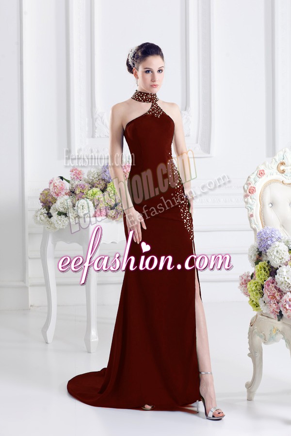 Customized Halter Top Sleeveless Elastic Woven Satin Prom Dress Beading Sweep Train Lace Up