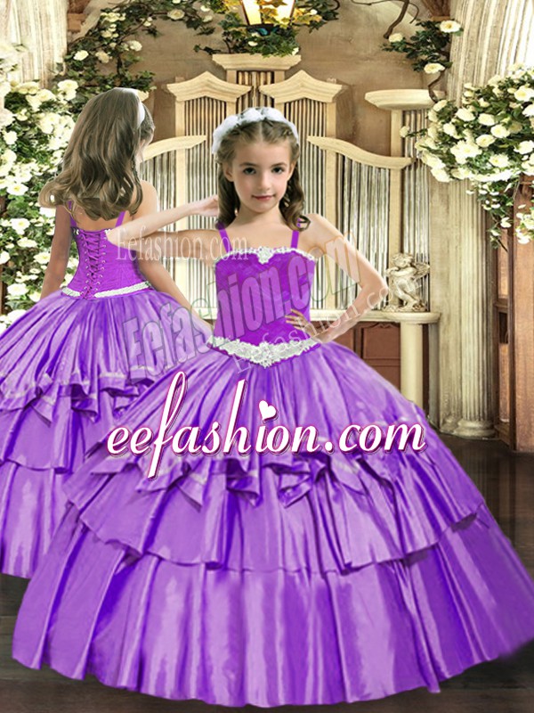 Pretty Lavender Lace Up Girls Pageant Dresses Appliques and Ruffled Layers Sleeveless Floor Length