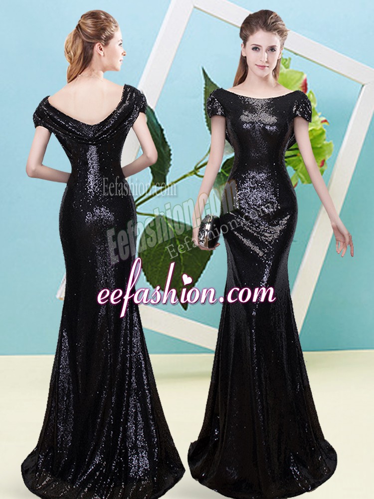 Chic Black Sequined Zipper Scoop Cap Sleeves Floor Length Prom Gown Sequins