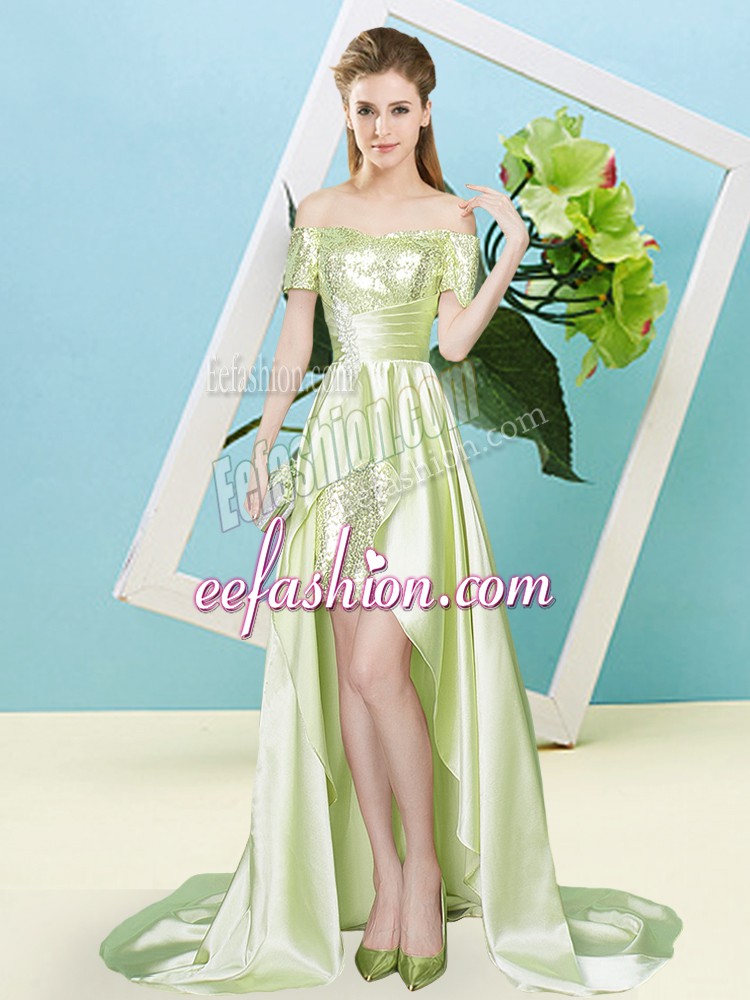 Luxurious Elastic Woven Satin and Sequined Short Sleeves High Low Prom Party Dress and Sequins