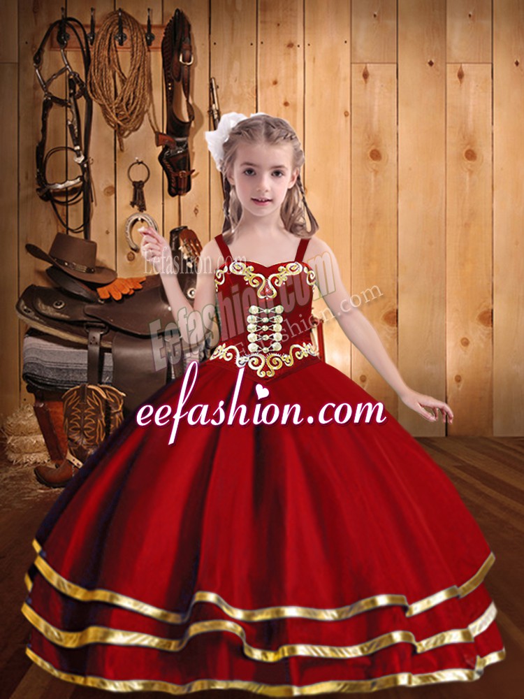  Floor Length Red Child Pageant Dress Straps Sleeveless Lace Up