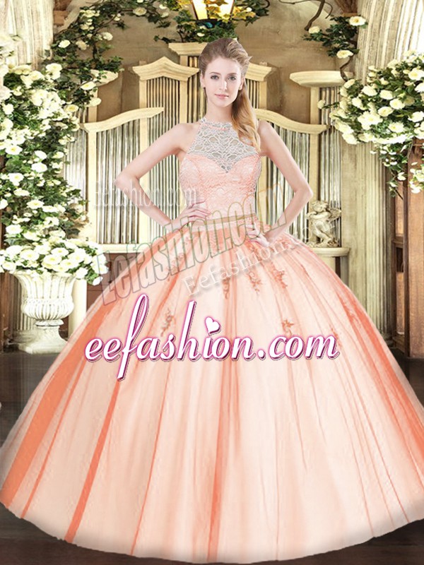  Sleeveless Tulle Floor Length Zipper Sweet 16 Dress in Orange with Lace and Appliques