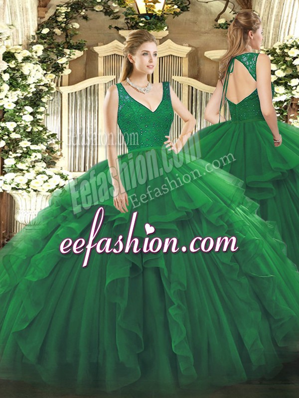  Sleeveless Floor Length Beading and Ruffles Zipper Quinceanera Dress with Dark Green
