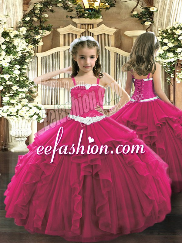  Straps Sleeveless Tulle Kids Pageant Dress Appliques and Ruffles Lace Up