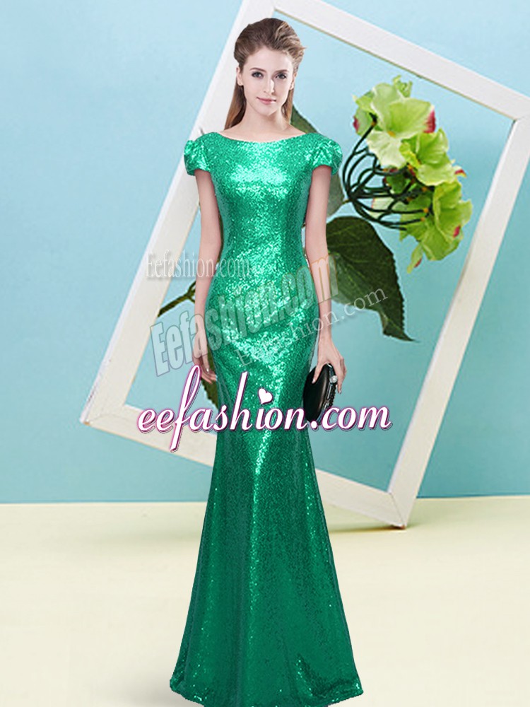 Best Selling Turquoise Zipper Prom Gown Sequins Cap Sleeves Floor Length