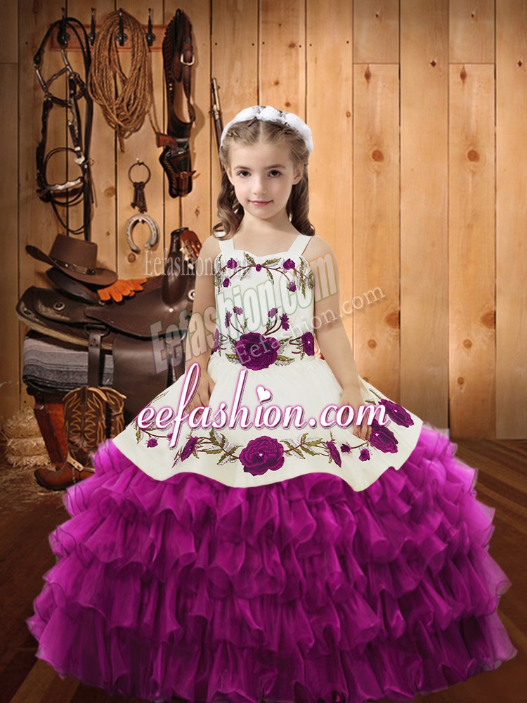  Fuchsia Straps Lace Up Embroidery and Ruffled Layers Kids Pageant Dress Sleeveless