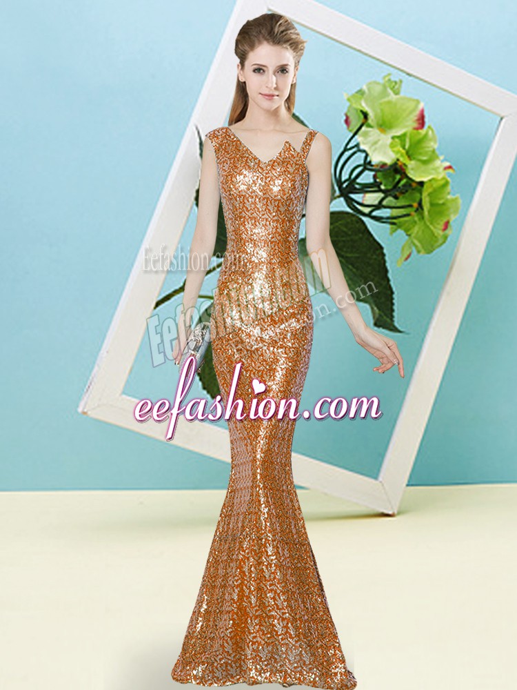  Sleeveless Sequined Floor Length Zipper Homecoming Dress in Rust Red with Sequins