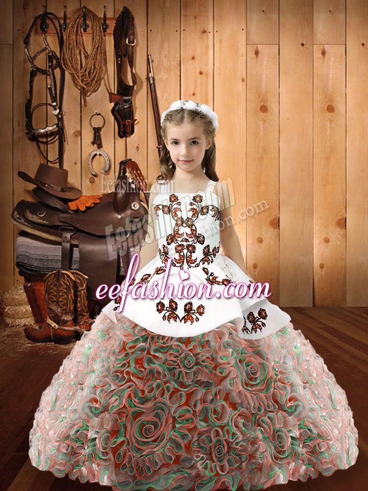 Most Popular Multi-color Ball Gowns Fabric With Rolling Flowers Straps Sleeveless Embroidery Floor Length Lace Up Little Girls Pageant Dress Wholesale
