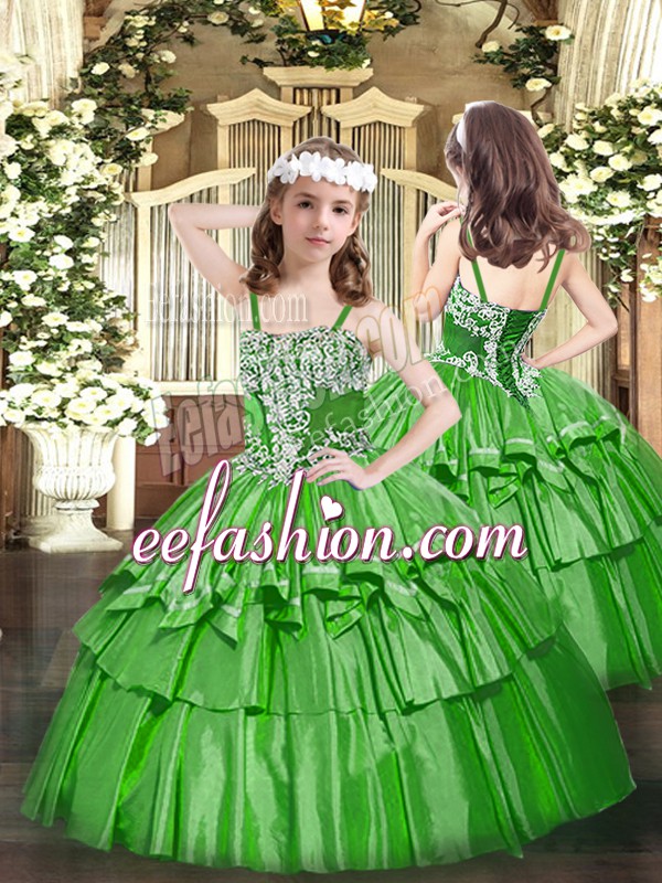  Floor Length Green Little Girls Pageant Gowns Organza Sleeveless Appliques and Ruffled Layers